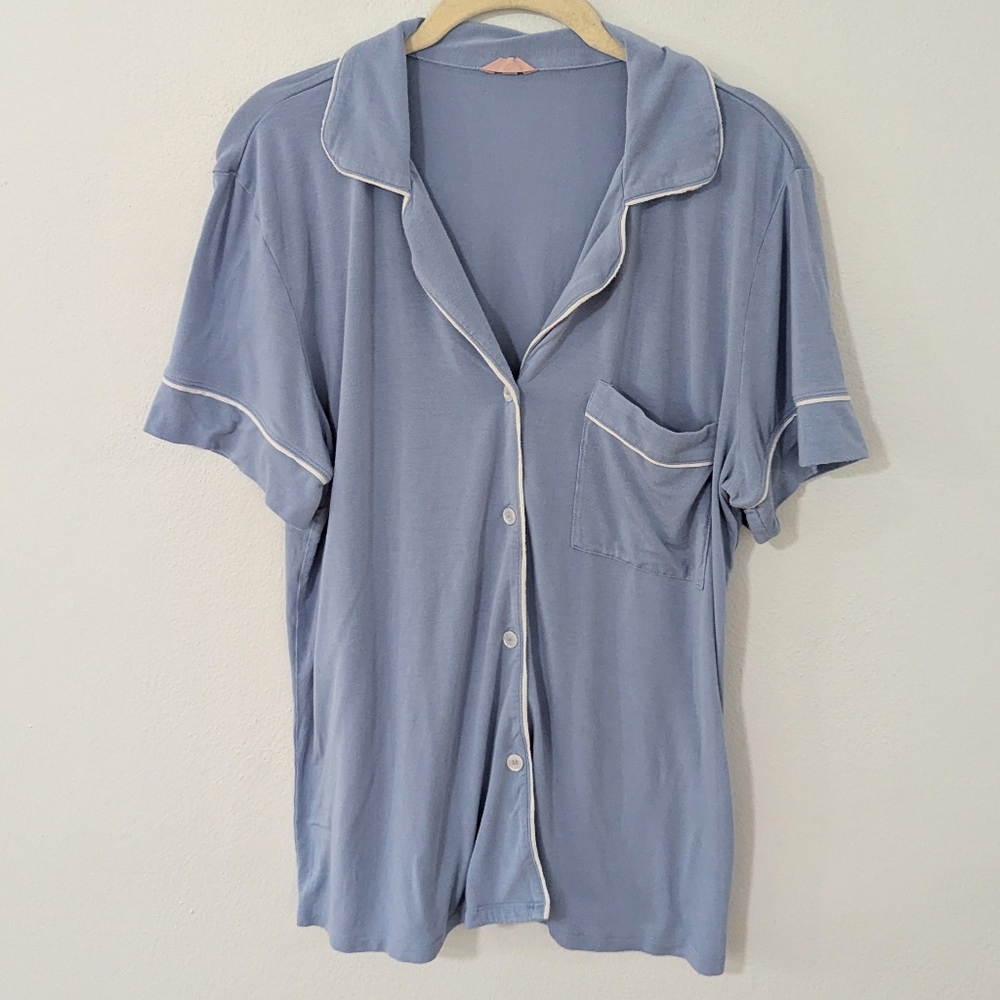 Eberjey Gisele Short Sleeve Button Front Pajama Shirt Front Pocket Blue Small S